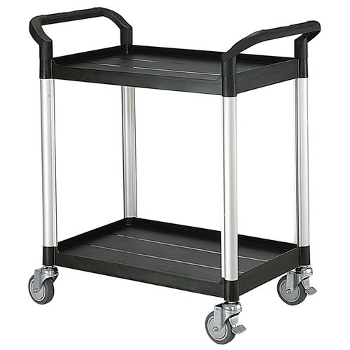 Two tier plastic utility tray trolleys with 2 standard size shelves